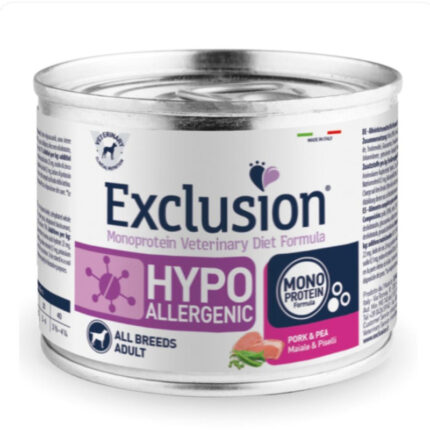 exclusion hipoallergenic adult all breeds pork pea alimento umido cane intolleranze 200g