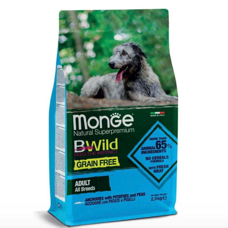 monge-b-wild-dog-grain-freef-all-breeds-adult-acciughe-patate-piselli-alimento-completo-bilanciato-2,5kg monge b wild dog grain free all breeds adult acciughe patate piselli alimento completo bilanciato 2.5kg