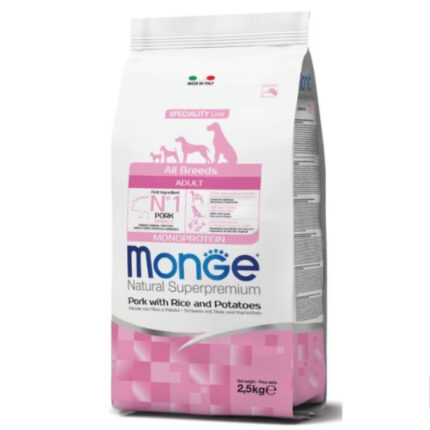 monge dog adult all breeds maiale riso patate monoprotein benessere cane 2.5kg