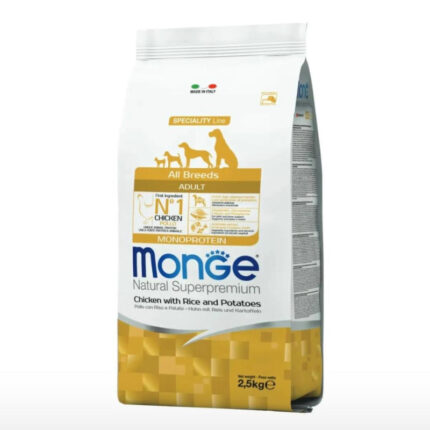 monge dog adult all breeds pollo riso e patate monoprotein alimento completo benessere cane 2.5kg