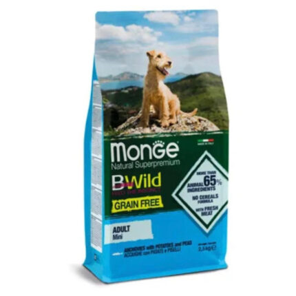 monge dog bwild grain free mini adult acciughe patate piselli alimento completo